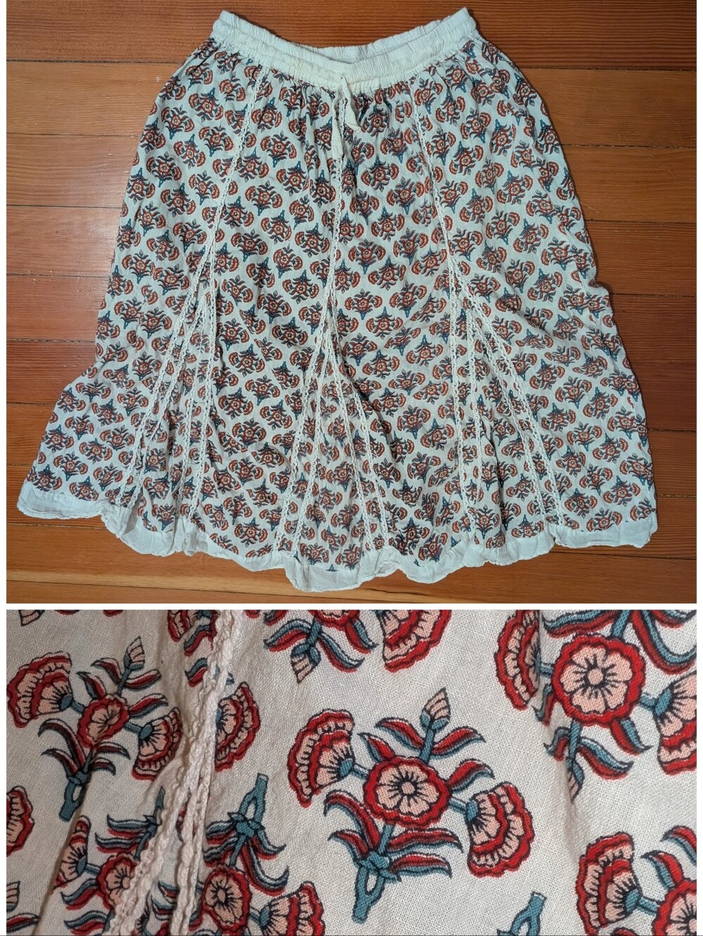Block Print 100% Cotton A-Line Skirt Floral Red Pink Lace Trim Boho OS Sz S M L